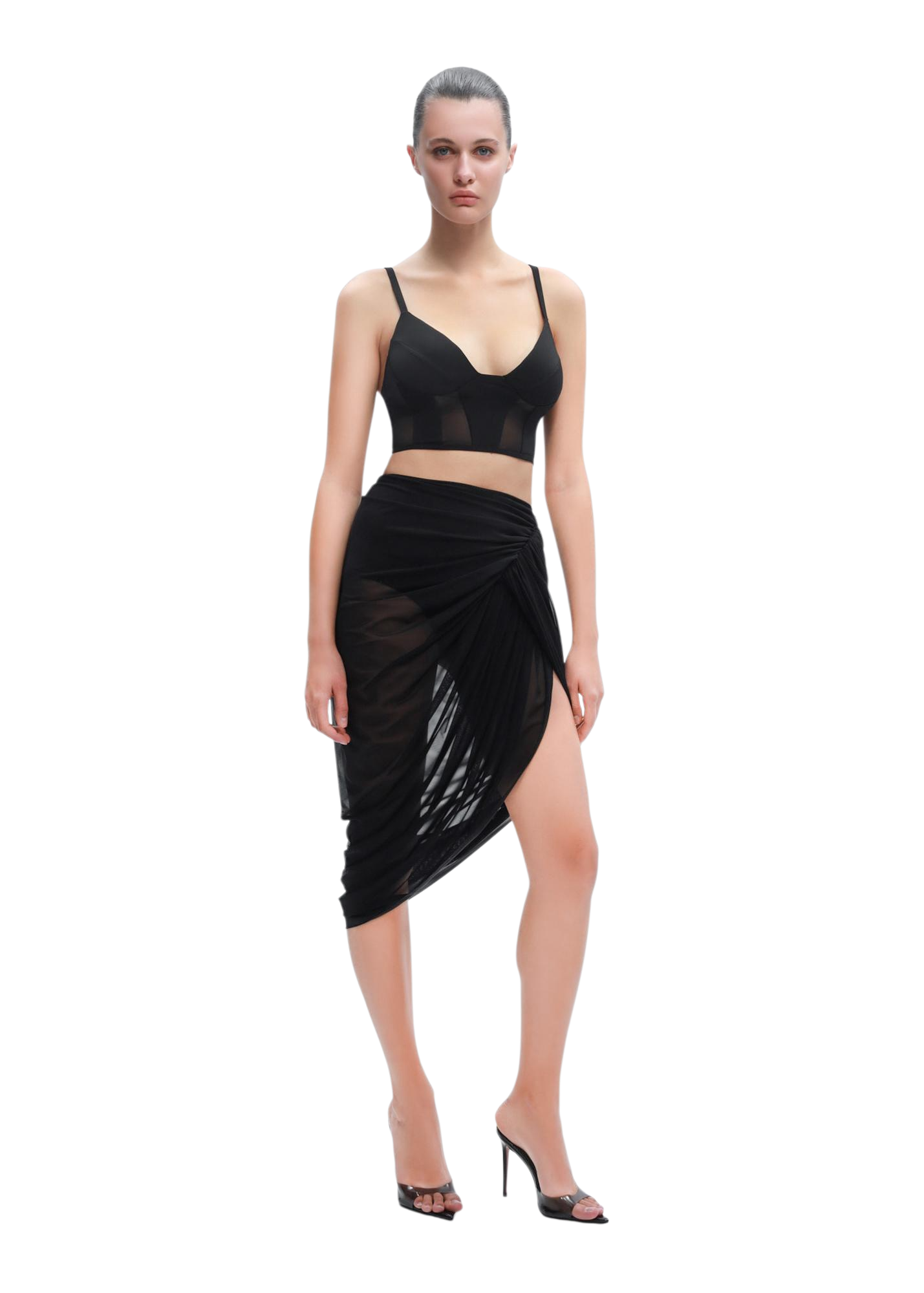 Sheer Draped  Skirt in Black